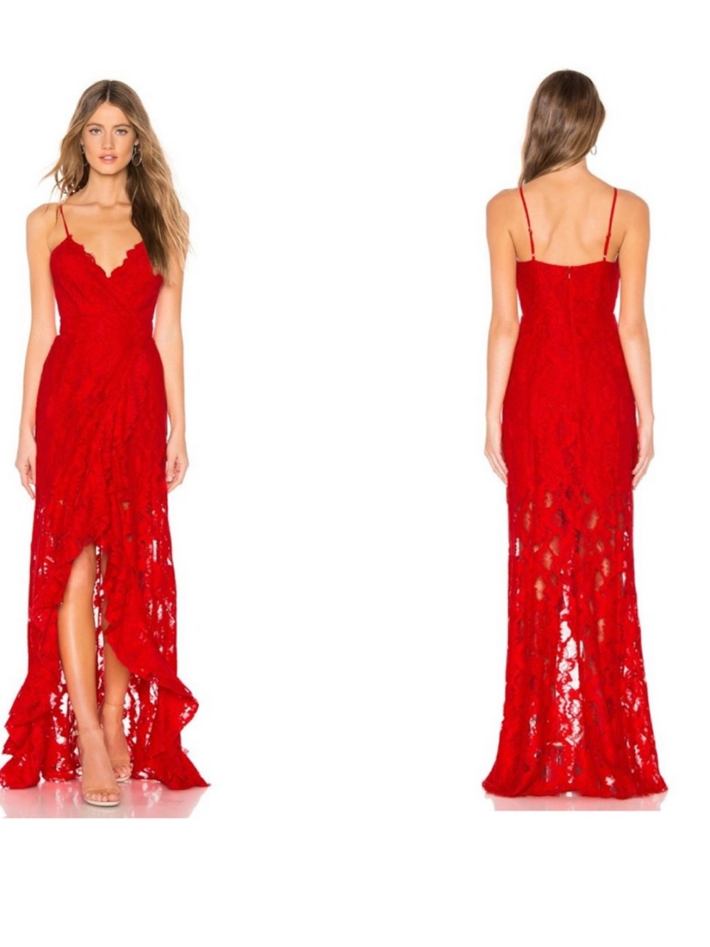 MAJORELLE Paisley Lace Slit Front Maxi Dress L Red